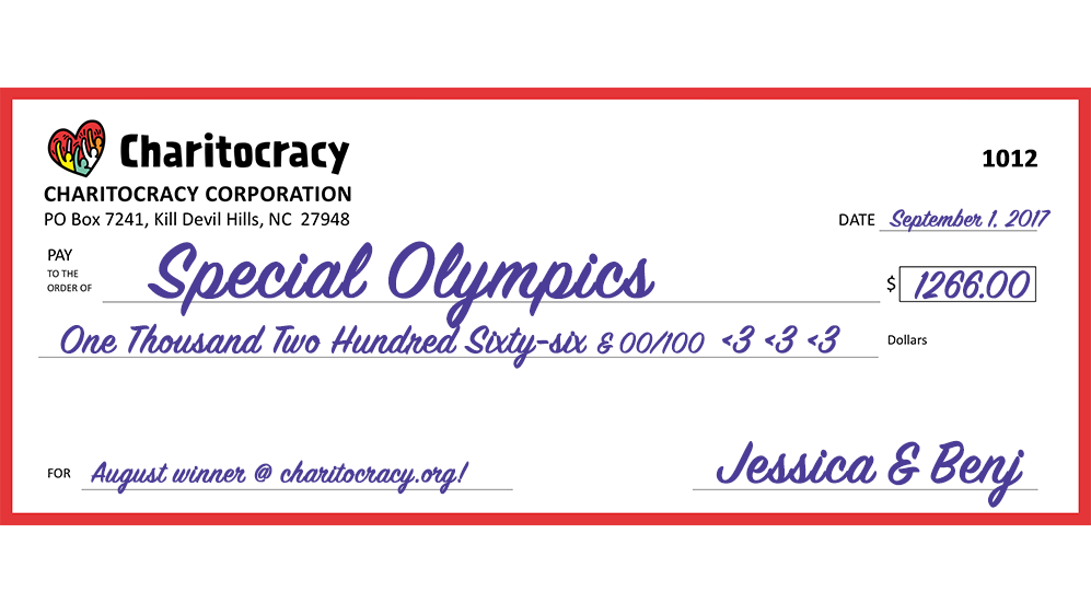 Charitocracy's 12th check to August winner Special Olympics for $1266