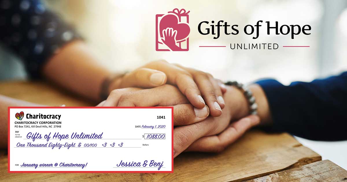 Charitocracy's 41st check to January winner Gifts of Hope Unlimited for $1088